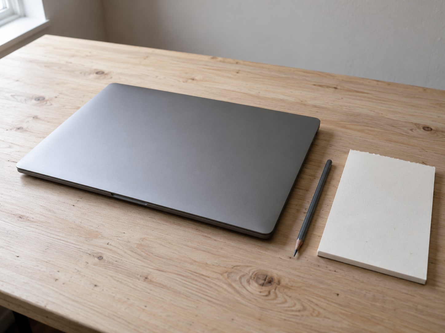 Una computadora portátil cerrada junto a un lápiz y una libreta en blanco con unas pocas marcas tenues de lápiz sobre un escritorio de madera clara.
