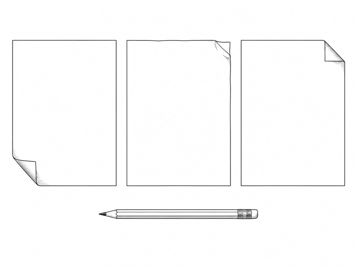 Three plain sheets of blank paper laid side by side on a desk beside a sharpened pencil.