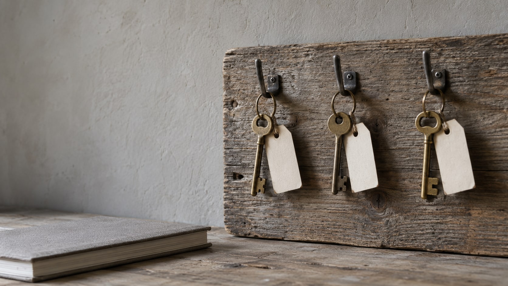 Three brass keys with plain blank tags hanging on separate hooks on a wooden board, beside a closed notebook.