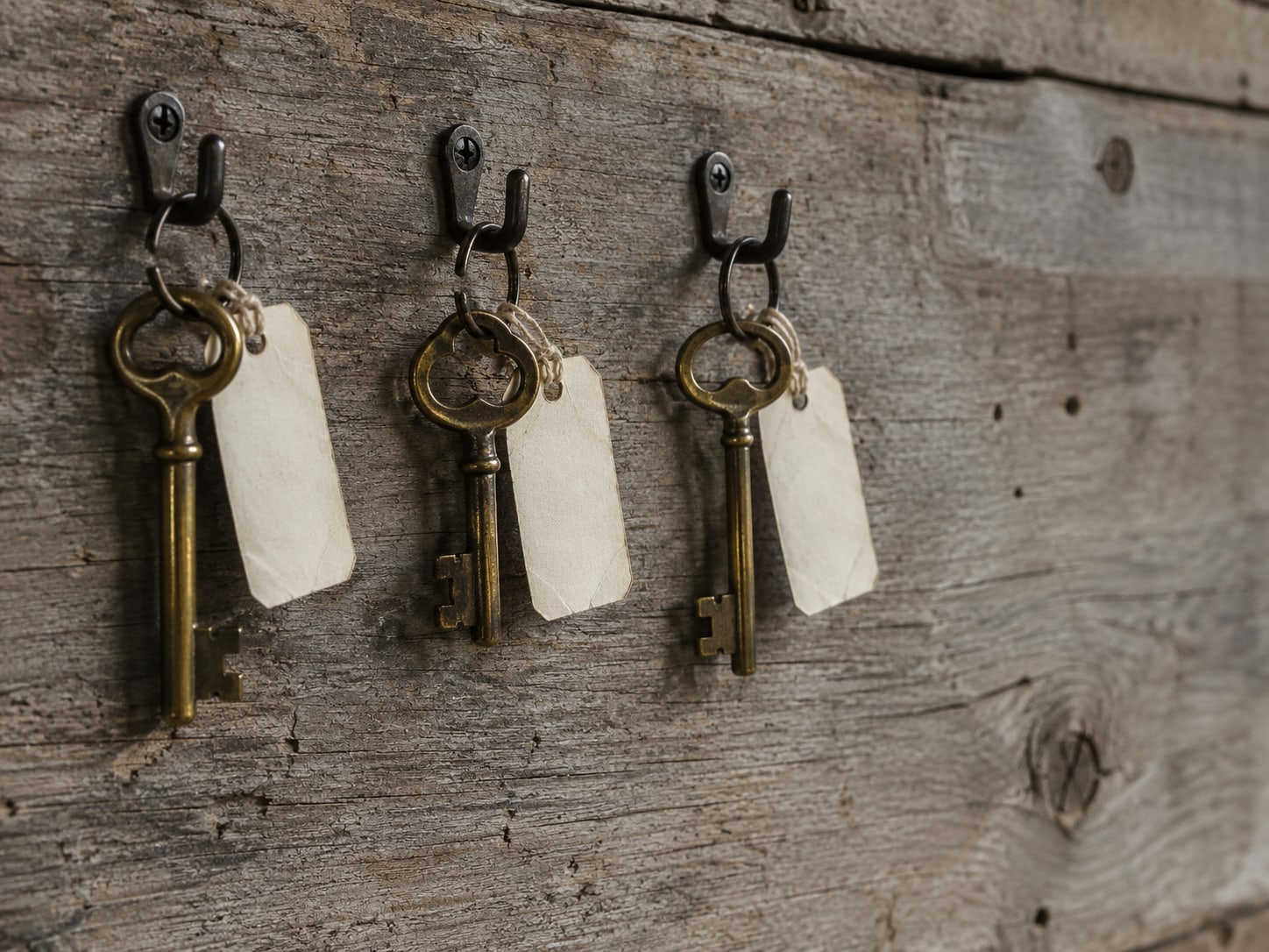 Three brass keys with plain blank tags hanging on separate hooks on a wooden board.