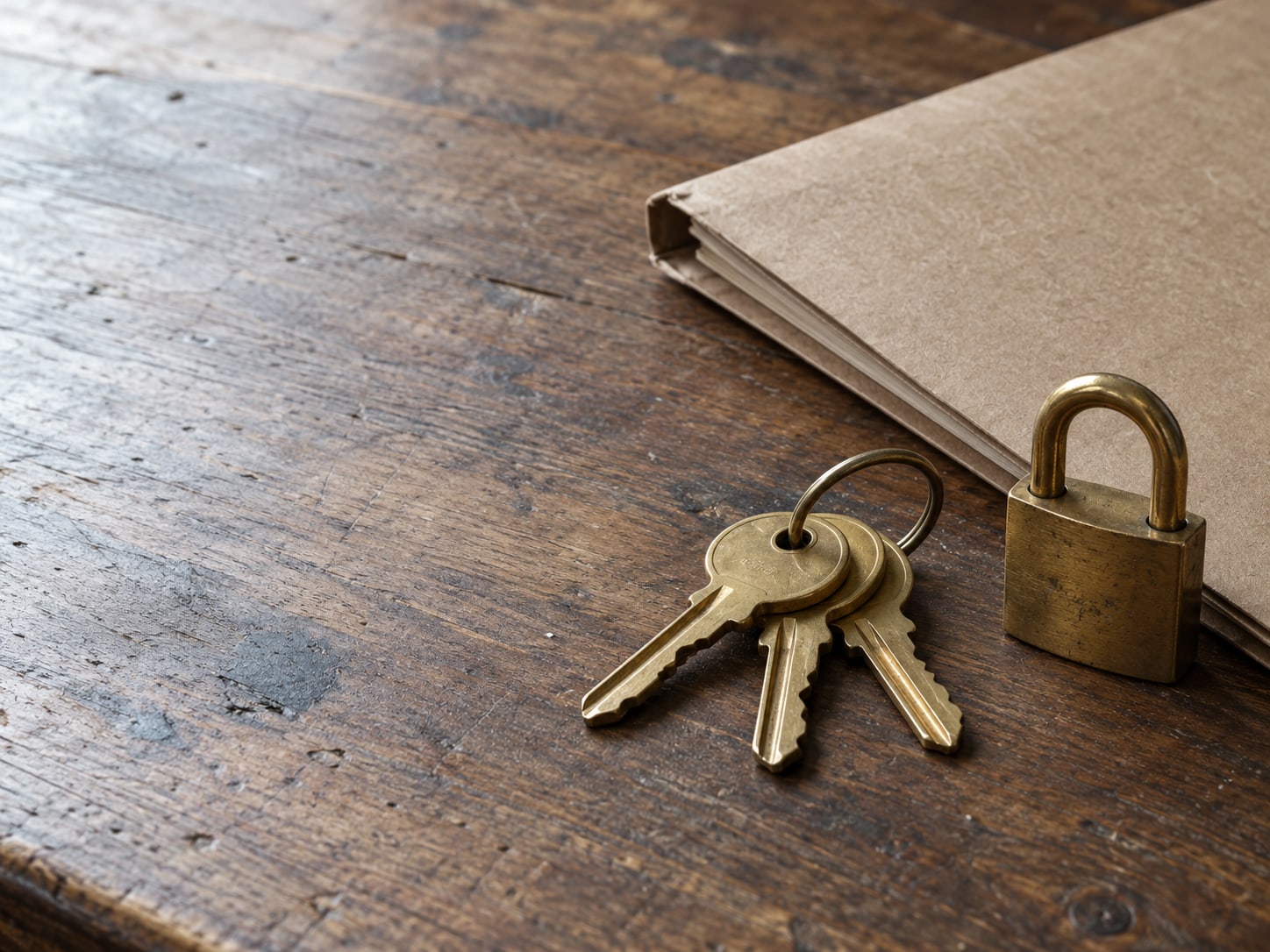 A ring of brass keys on a wooden desk beside a closed folder and a small padlock.
