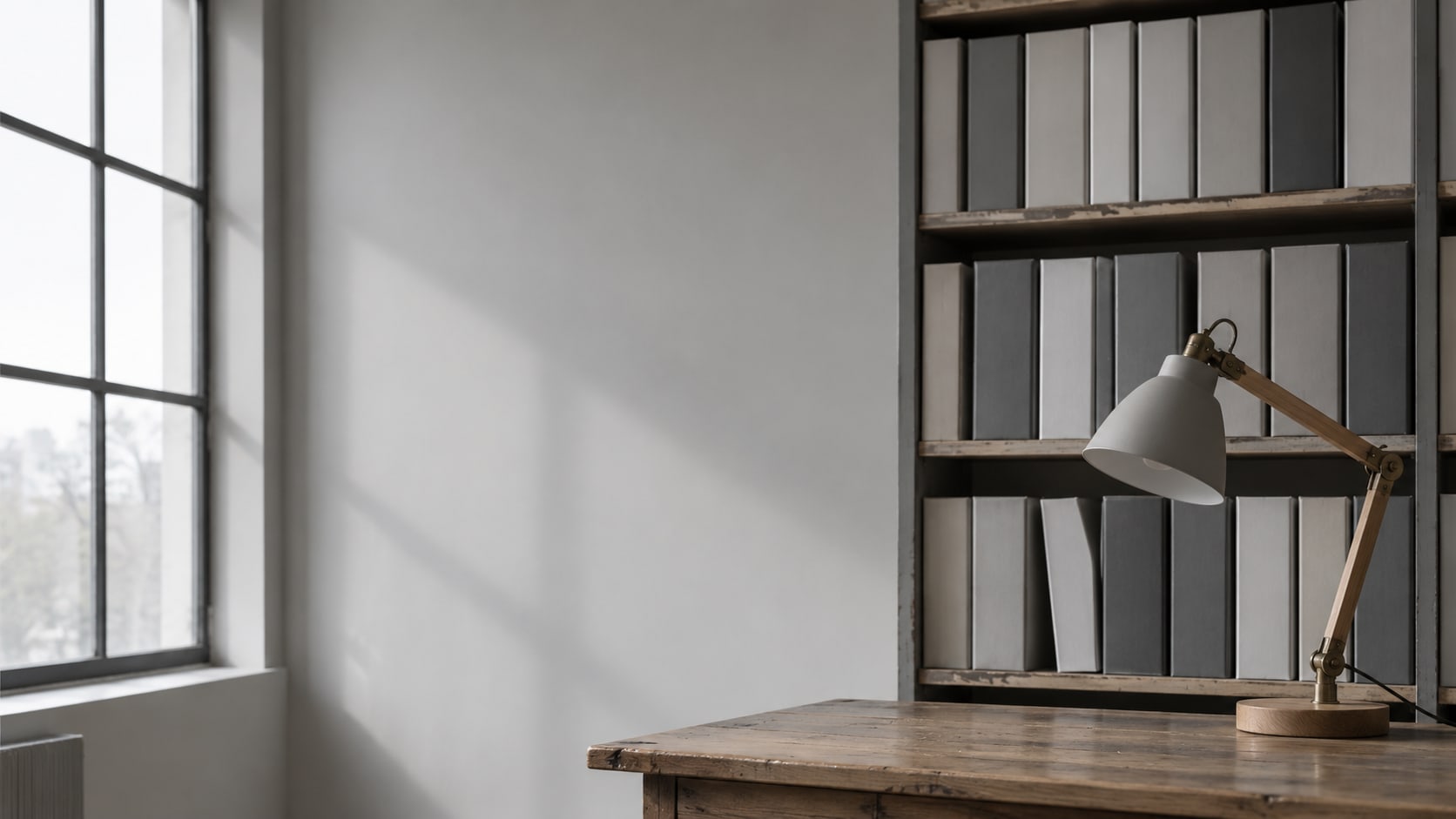 A tall bookshelf of closed, uniform binders beside a wooden desk lamp that is switched off, in soft window light.