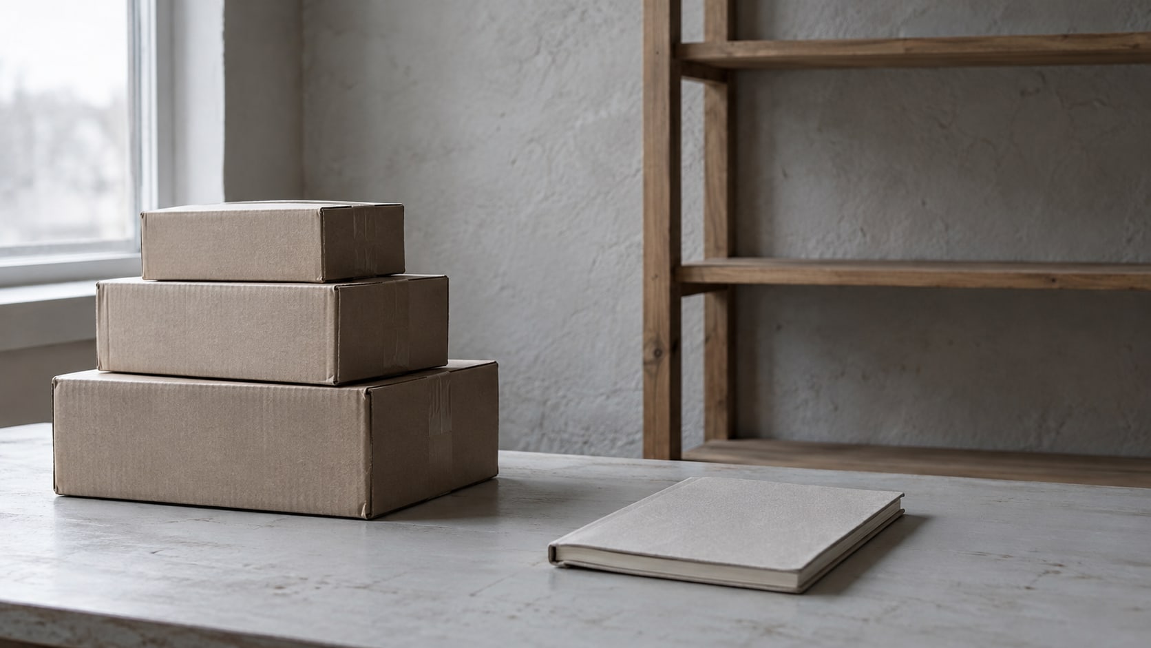 Una pequeña pila de cajas de envío sencillas junto a un estante de madera vacío y una libreta cerrada sobre una mesa limpia.