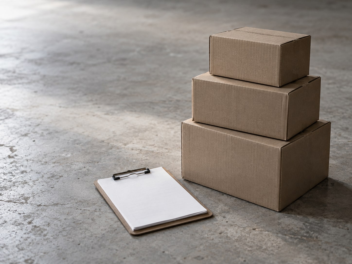 Una pila ordenada de cajas de envío junto a un portapapeles con hojas en blanco sobre el piso de un almacén