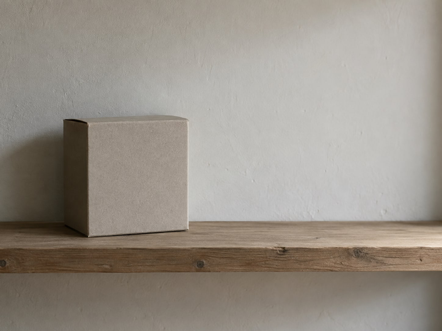 Un solo producto en su caja, sobre un estante de madera limpio, con un estante vacío al lado