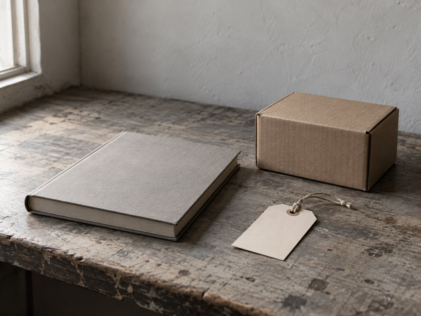 Un libro de contabilidad cerrado junto a una etiqueta de precio en blanco y una caja de envío pequeña sobre un mostrador desgastado
