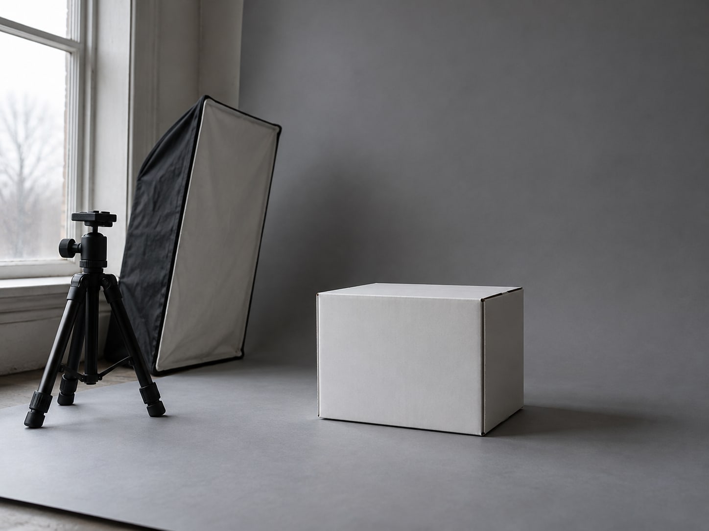 Una caja de cartón blanca y limpia sobre un fondo gris sin costuras, junto a una luz suave y un trípode pequeño