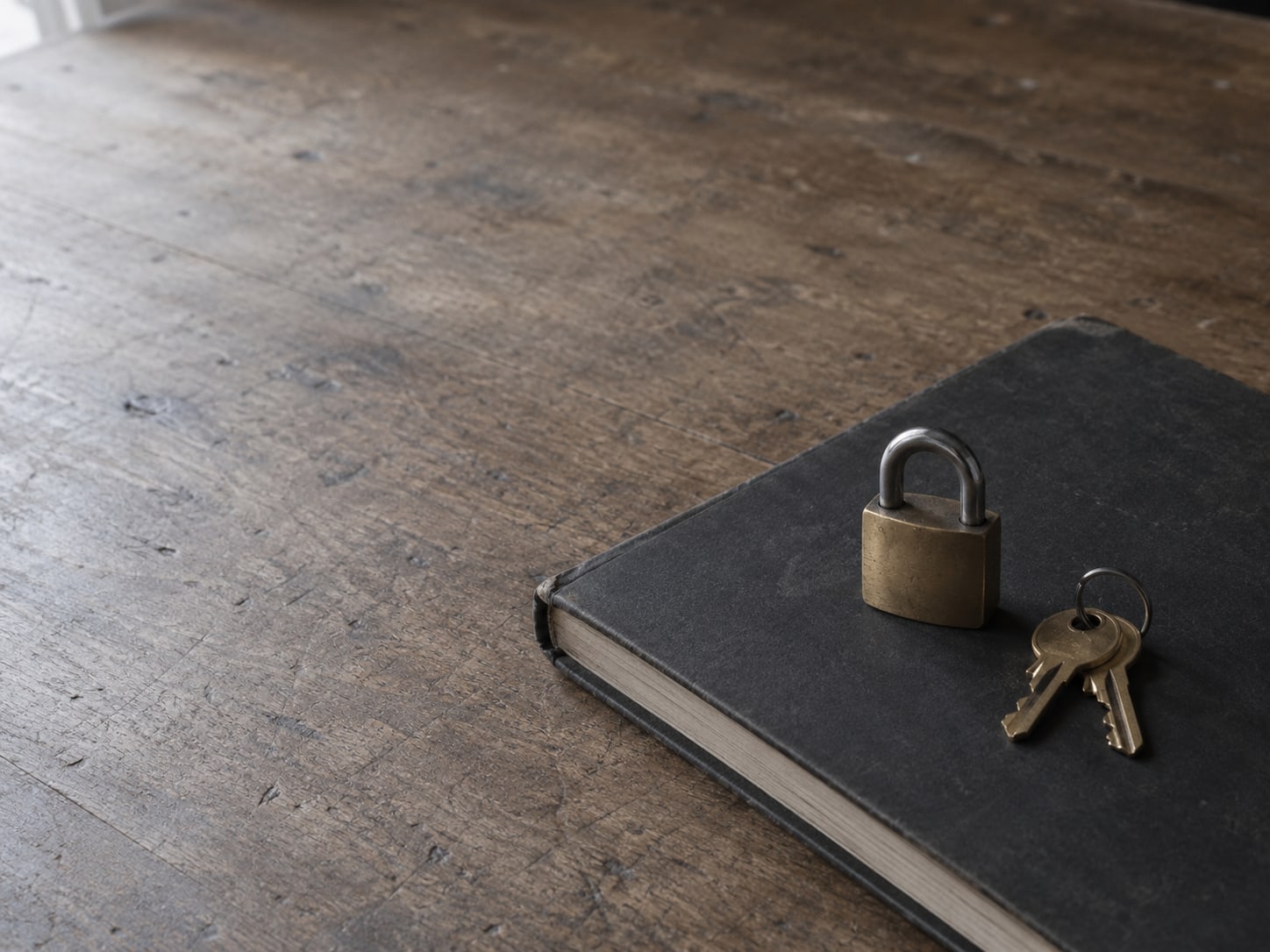 A small padlock resting on a closed ledger beside a ring of keys on a plain desk.