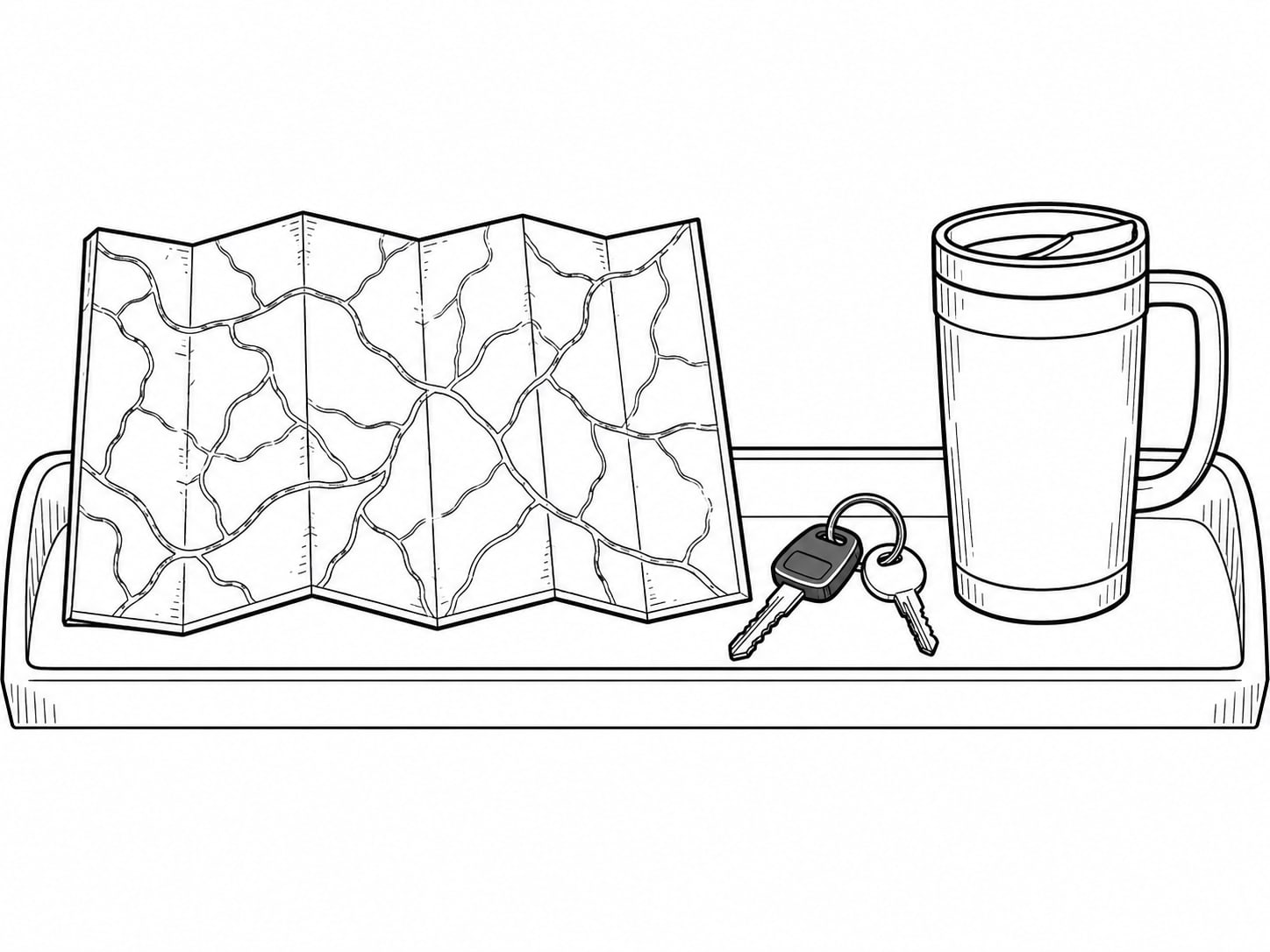 Un mapa de carreteras de papel doblado junto a un juego de llaves de camioneta y un vaso térmico sobre la repisa del tablero.
