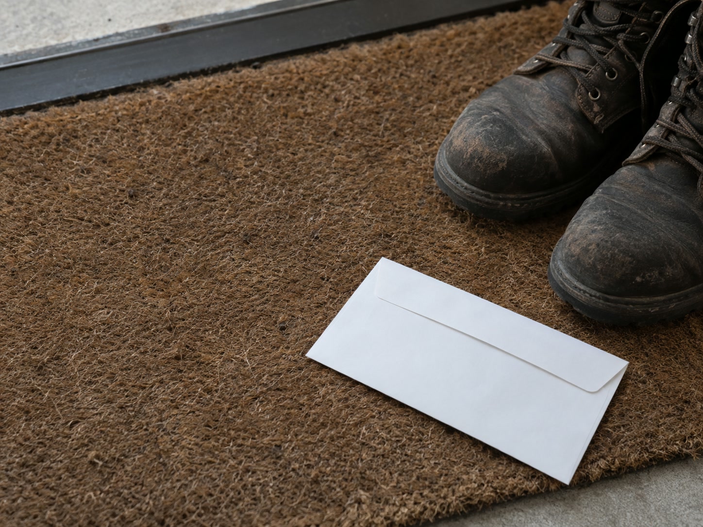 Un sobre blanco liso y sin abrir sobre un tapete de entrada, junto a un par de botas de trabajo.