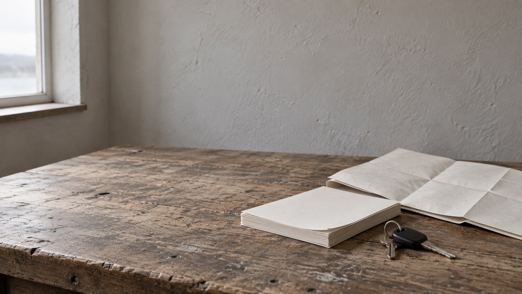 A stack of blank printed pages beside a set of van keys and a folded paper map with no labels on a wooden desk.