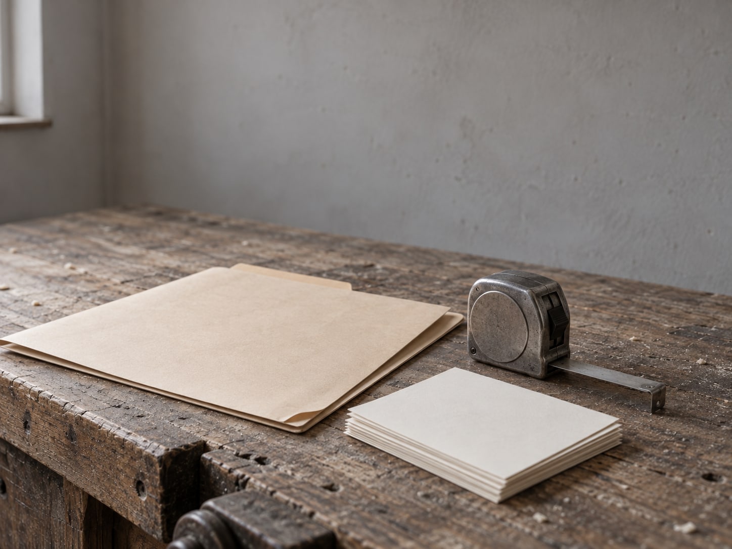 A manila job folder, a tape measure and a small stack of blank photo prints on a wooden workbench.