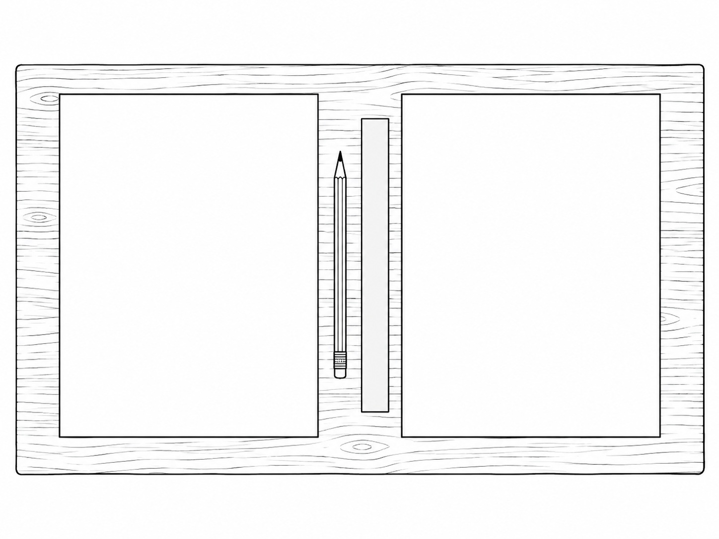 Two blank printed pages laid side by side on a wooden desk with a pencil and a ruler between them.