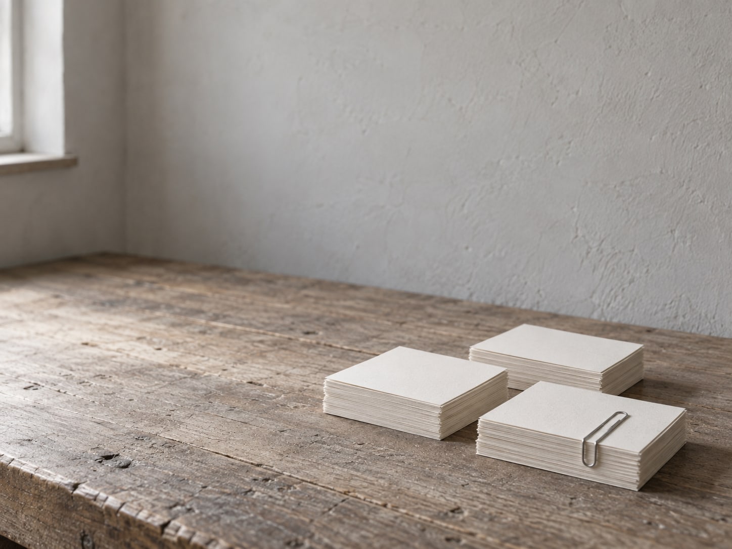 Blank index cards sorted into three small stacks on a desk, with a paper clip holding one stack together.
