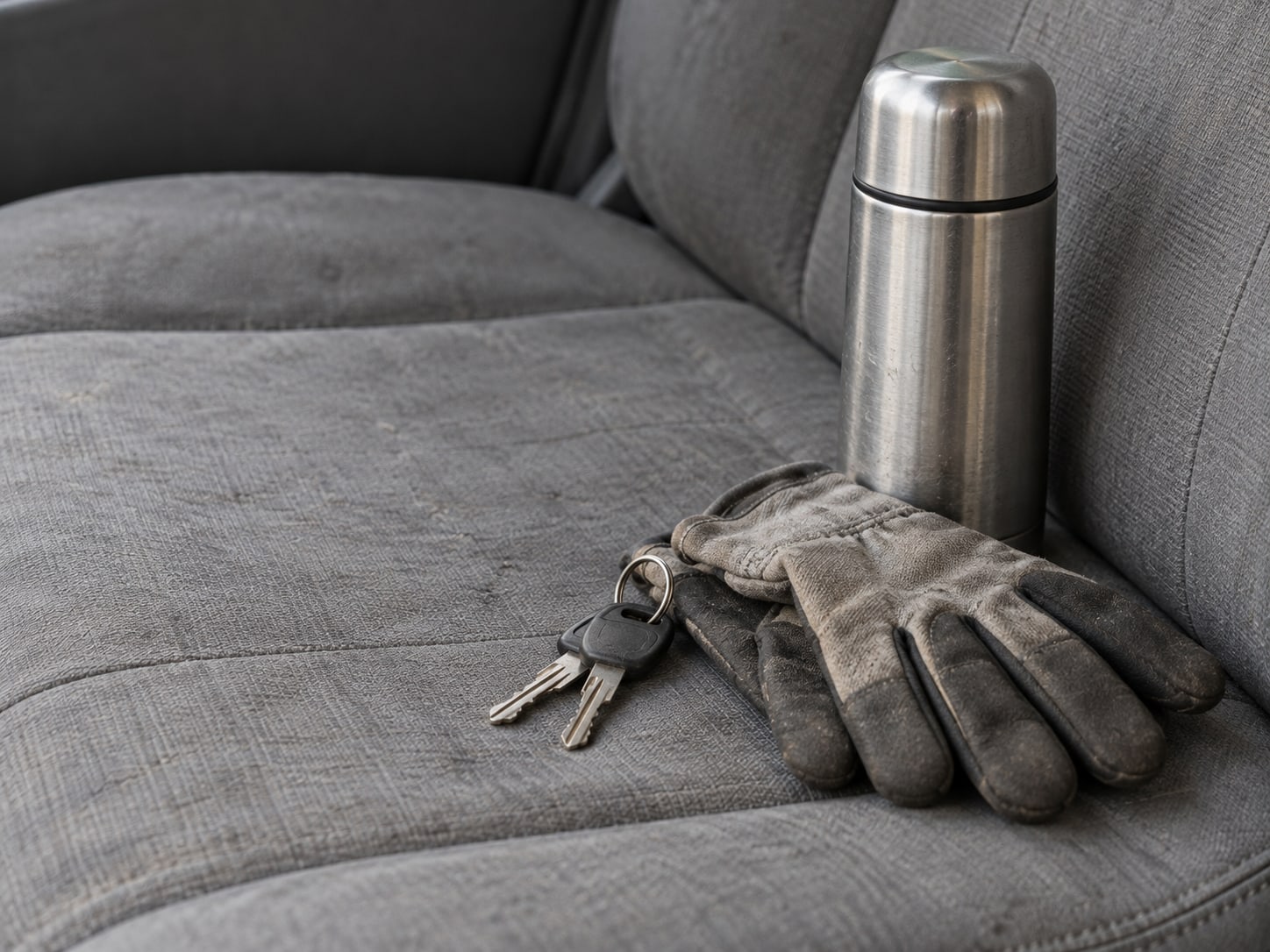 Van keys, a closed thermos and a pair of work gloves on the passenger seat of a work truck.