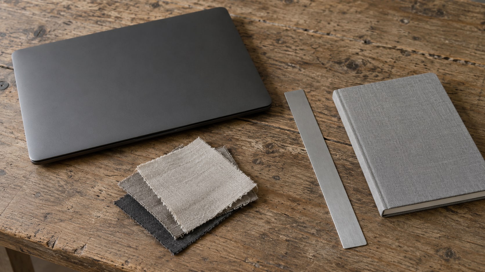 A closed laptop beside a small stack of fabric swatches and a ruler on a worn wooden desk, with a blank notebook to one side.
