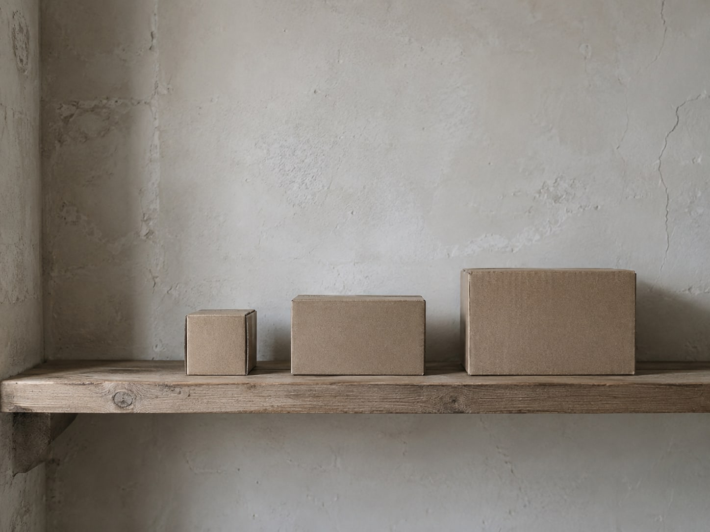 An empty wooden shelf with three small cardboard boxes of different sizes lined up on it.