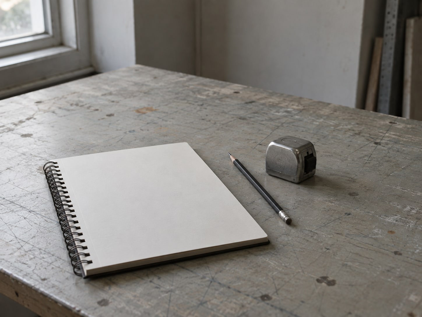A tape measure, a pencil and a blank sketchbook laid out on a drafting table.
