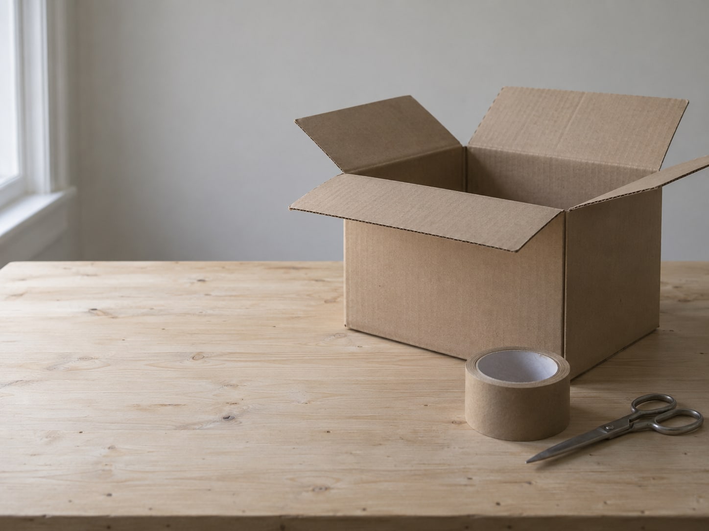 A cardboard box with the flaps open on a clean table, next to a roll of packing tape and a pair of scissors.