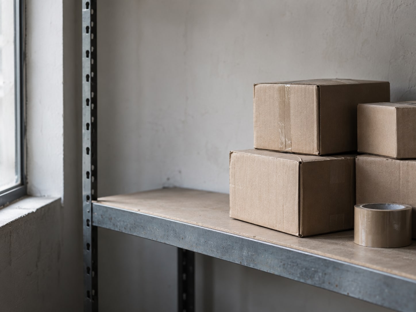 A short row of plain cardboard parcels on a metal shelf beside a rolled strip of packing tape.
