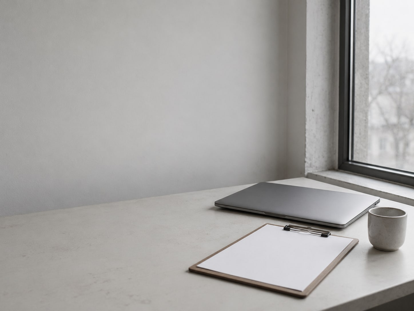 A closed laptop and a plain clipboard with a blank sheet on a clean desk beside a small ceramic cup.