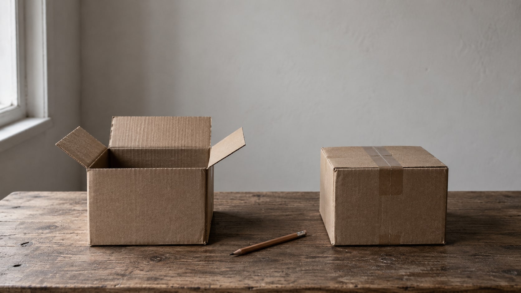 Two plain cardboard shipping boxes side by side on a wooden table, one open and empty, one taped shut, with a pencil between them.