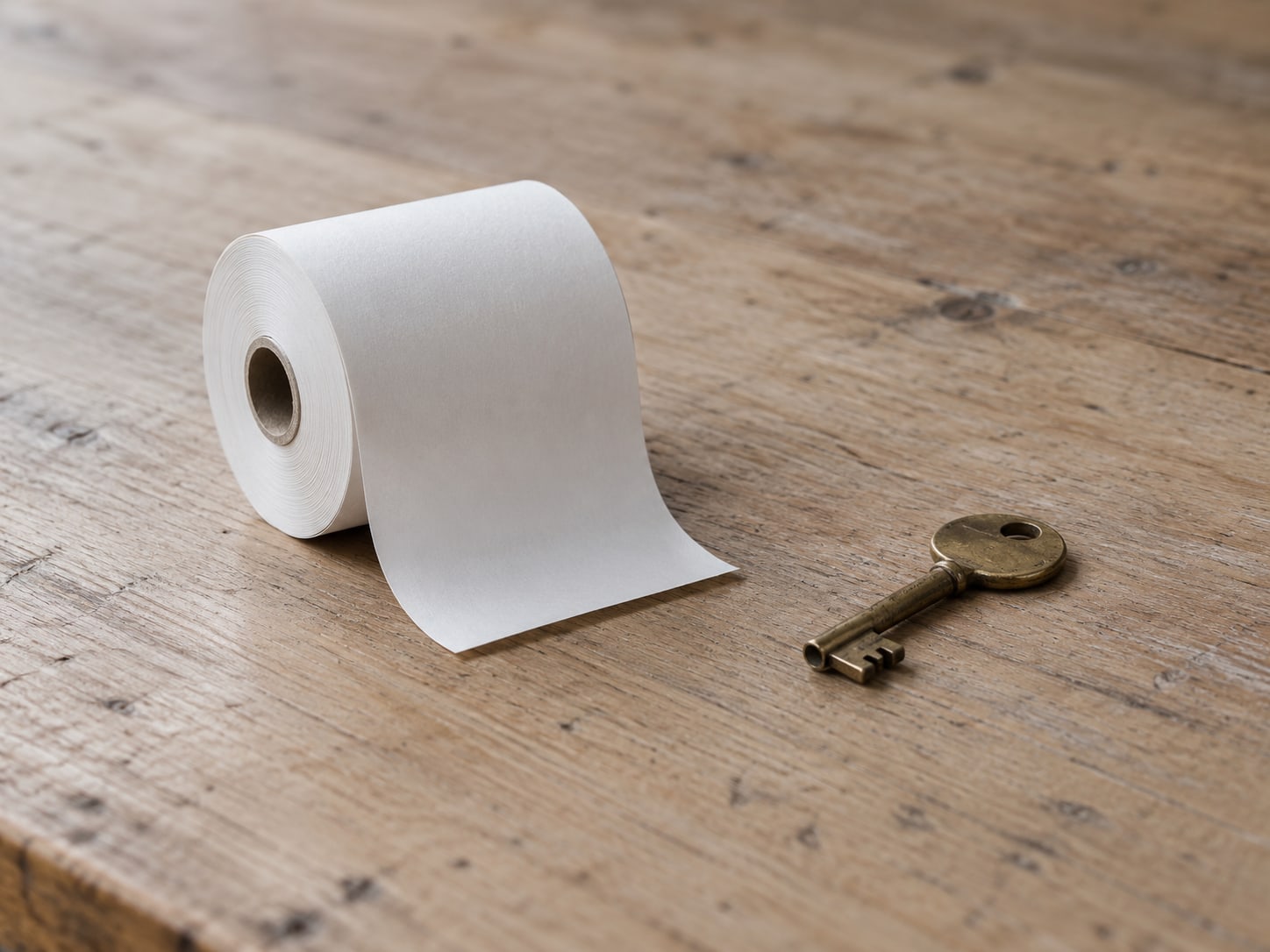 A rolled paper receipt coil and a small brass key lying on a clean wooden counter.