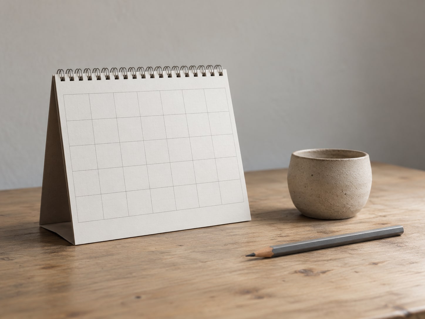 A wall calendar with blank squares, a pencil and a small clay pot on a plain table.