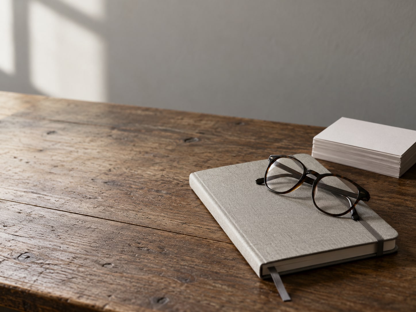 A closed notebook and a pair of reading glasses resting on a wooden desk beside a stack of blank index cards.