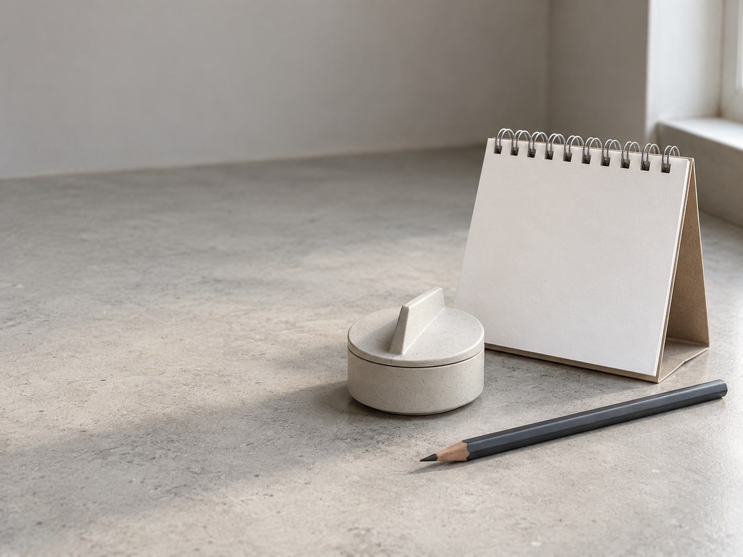 A small desk calendar, a kitchen timer and a pencil laid out on a clean worktop.