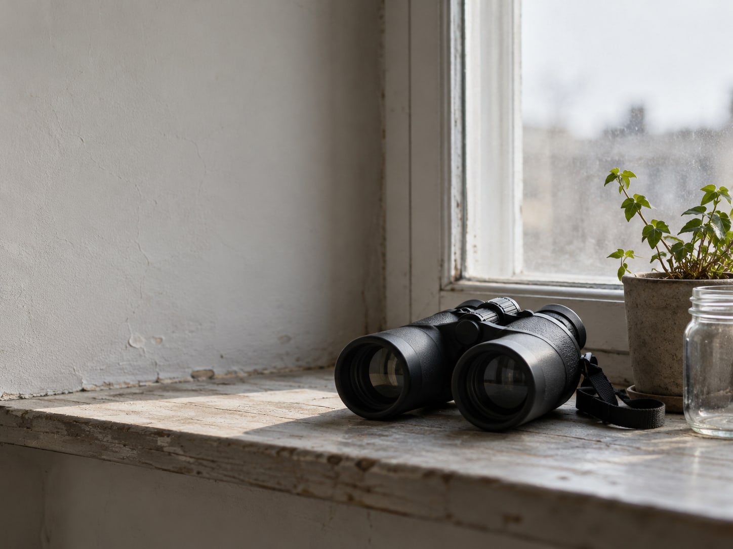 A pair of binoculars on a windowsill beside a small potted plant and an empty glass jar.