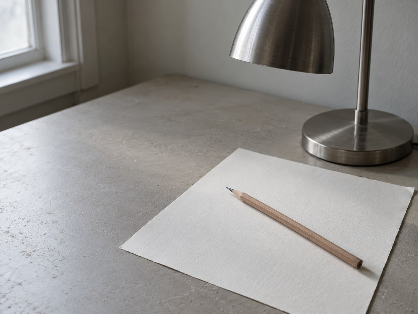 A single sheet of plain paper under a desk lamp, with a pencil laid across it.