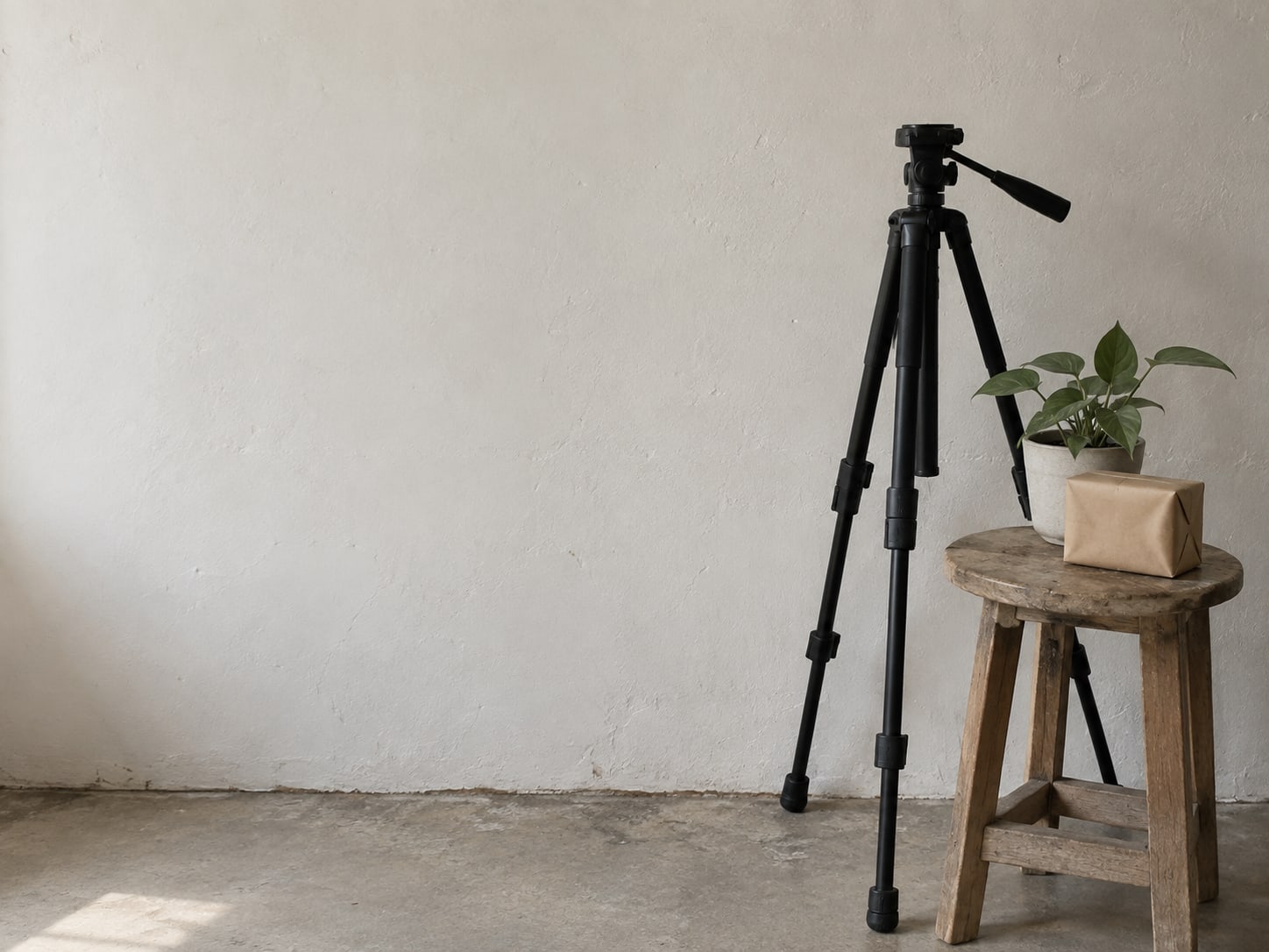 A tripod standing beside a plain white wall with a small potted plant and an unopened package of lens cloths on a stool.