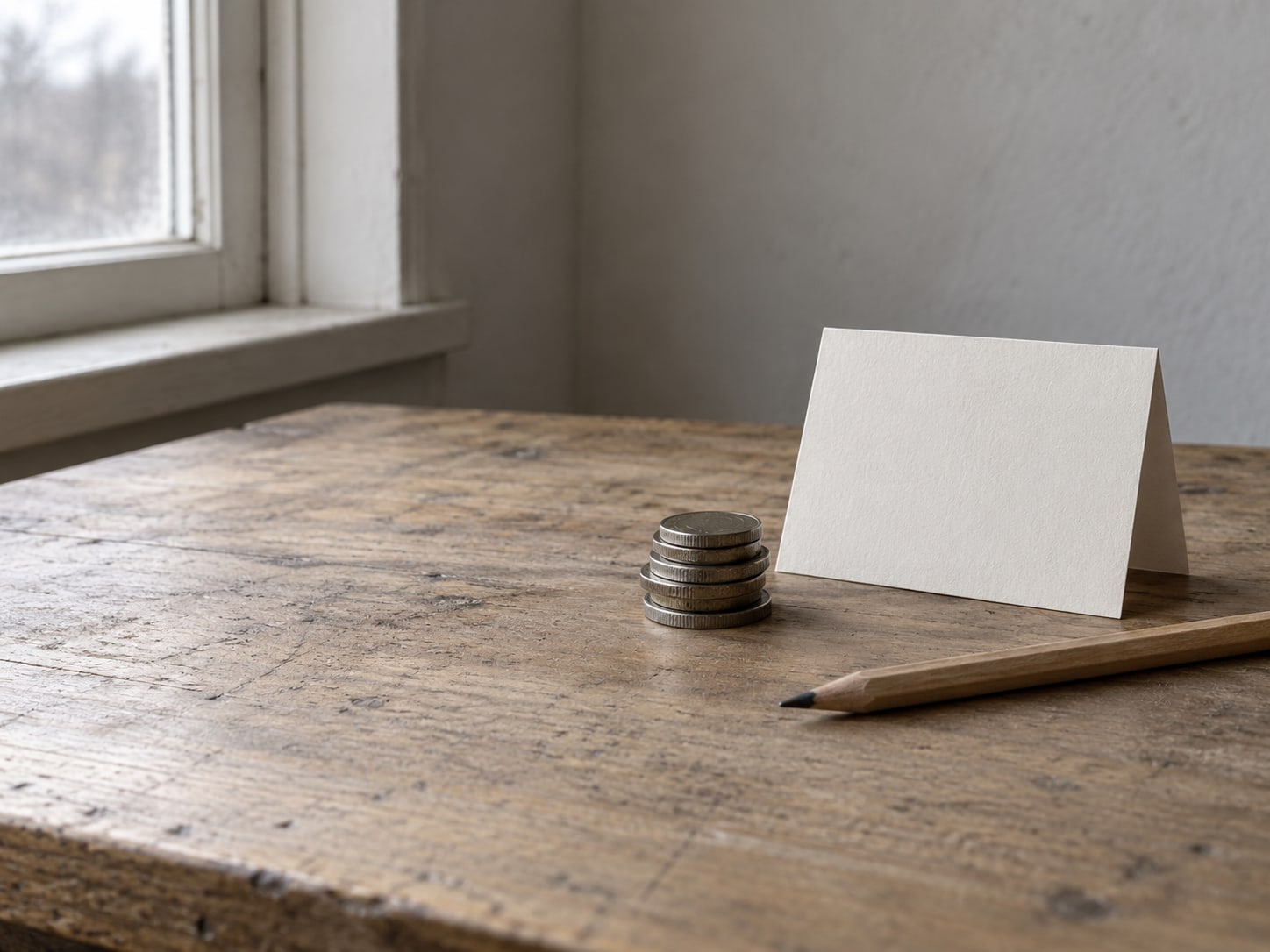 Un escritorio de madera con una pequeña pila de monedas, un lápiz y una tarjeta en blanco doblada que se sostiene como un letrero.