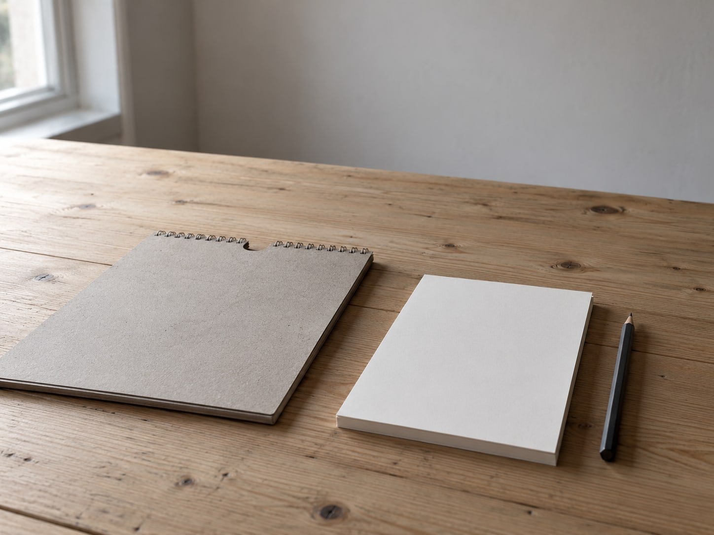Un calendario de pared boca abajo junto a una libreta en blanco y un lápiz sobre una mesa de pino.