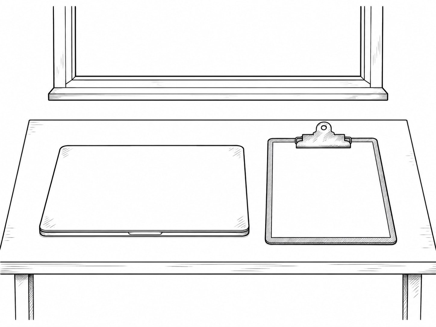 A closed laptop and a blank clipboard side by side on a tidy desk beside a window.
