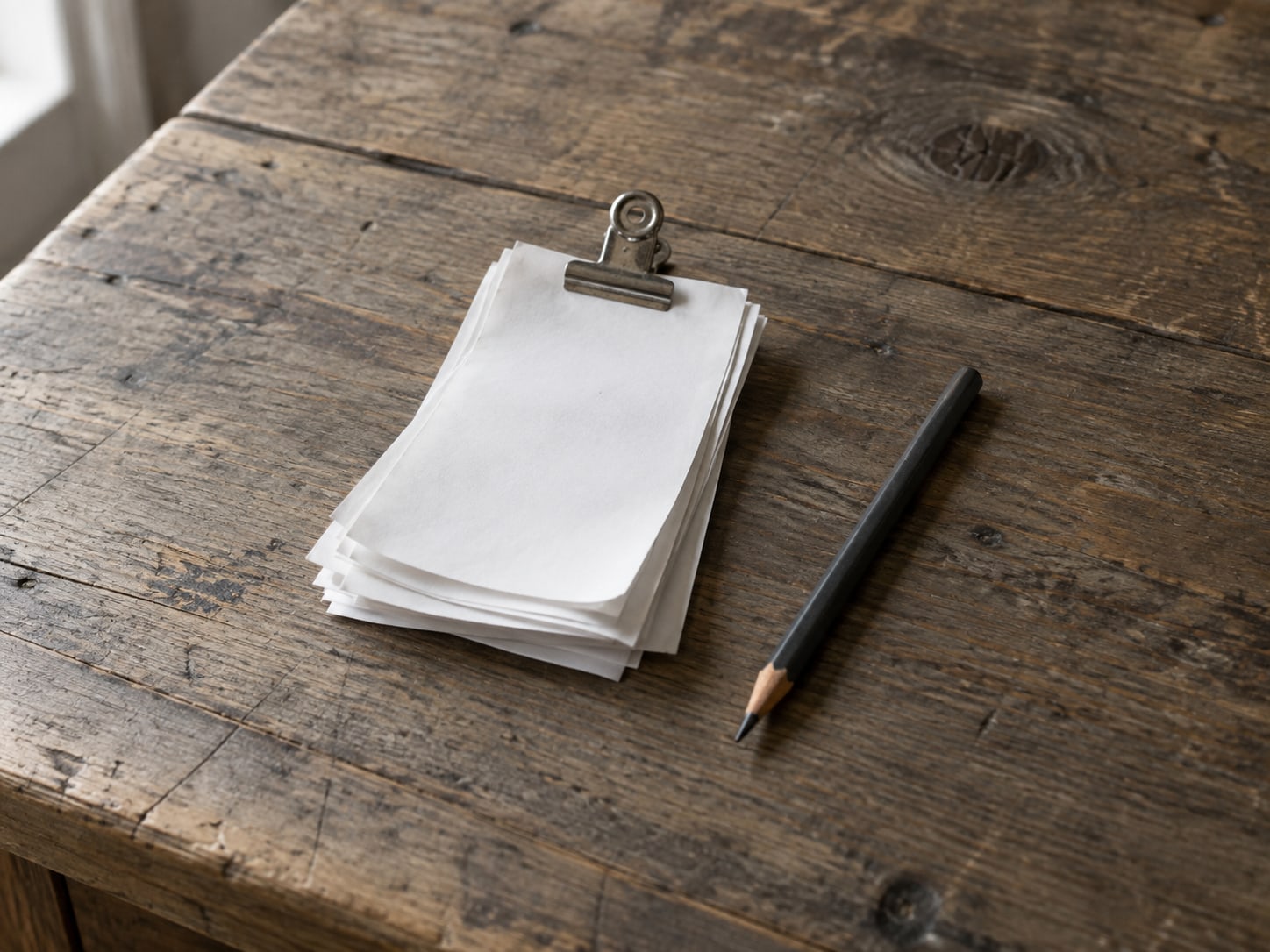 A short stack of blank paper receipts held by a small clip beside a pencil on a counter.