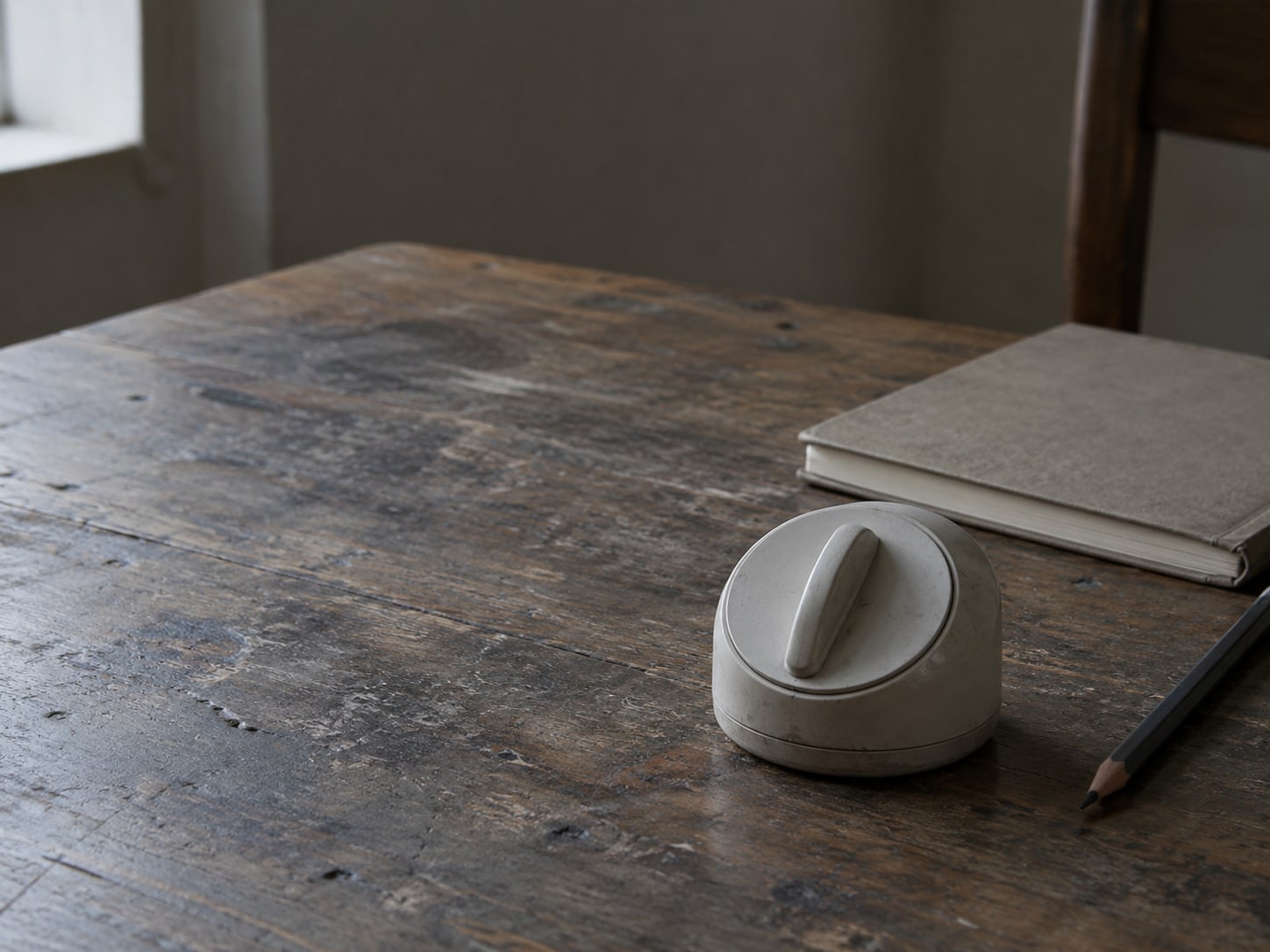 Un pequeño temporizador de cocina sobre una mesa de madera junto a un cuaderno cerrado y un lápiz.