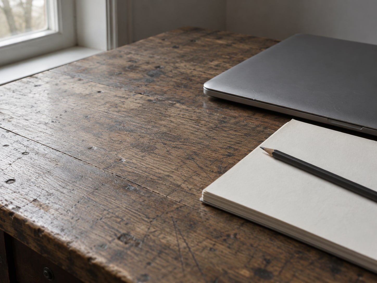 A worn wooden desk with a closed laptop, a plain notebook and a pencil laid across it, lit by a window.