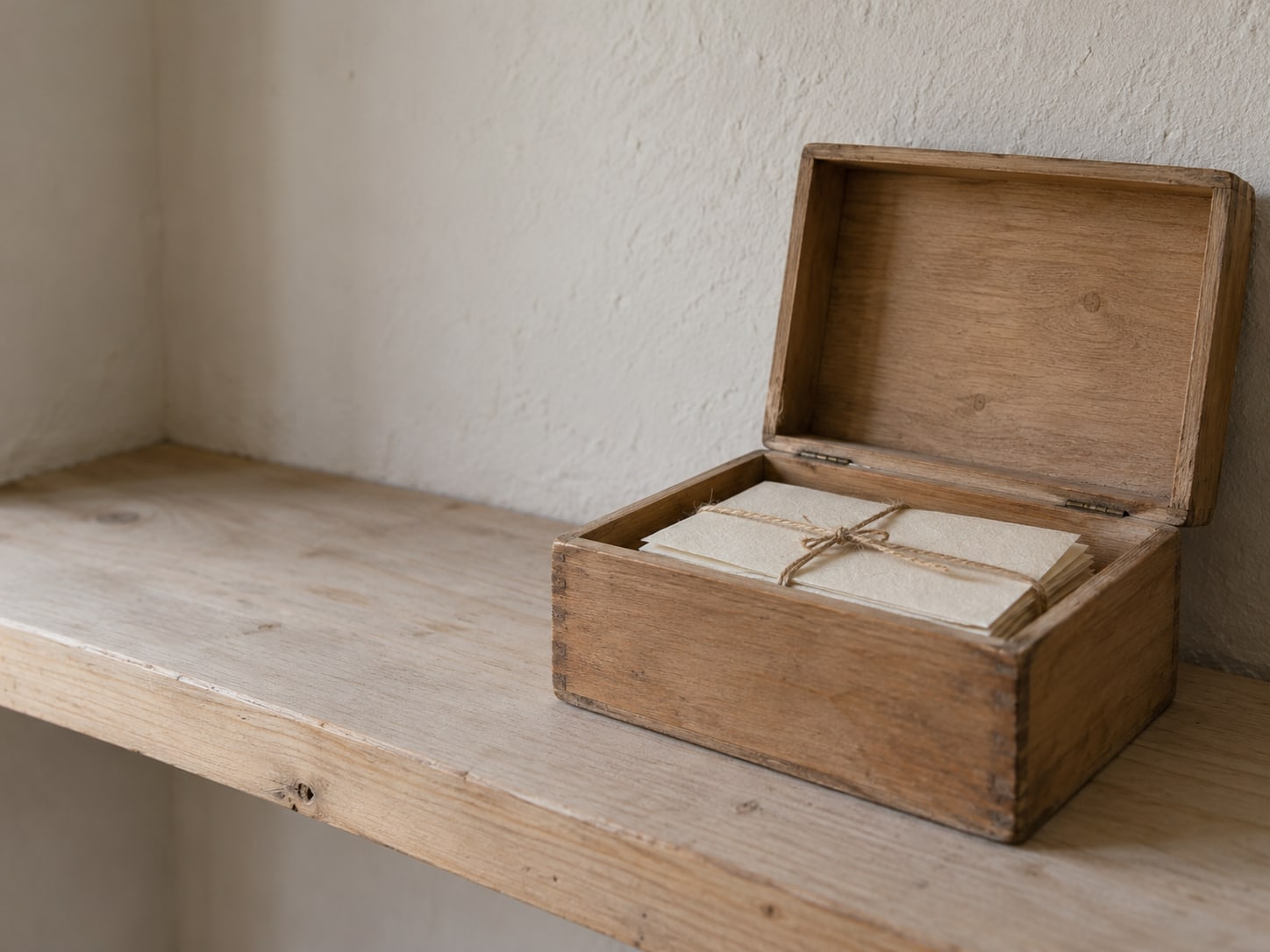 A small wooden box with its lid open on a shelf, holding a neat stack of blank folded papers tied with string.