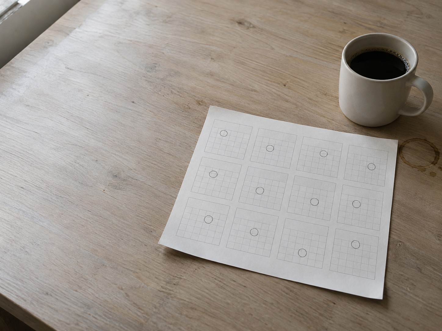 Un calendario de pared de papel extendido sobre un escritorio con un día en cada mes marcado ligeramente con lápiz, junto a una taza de café.