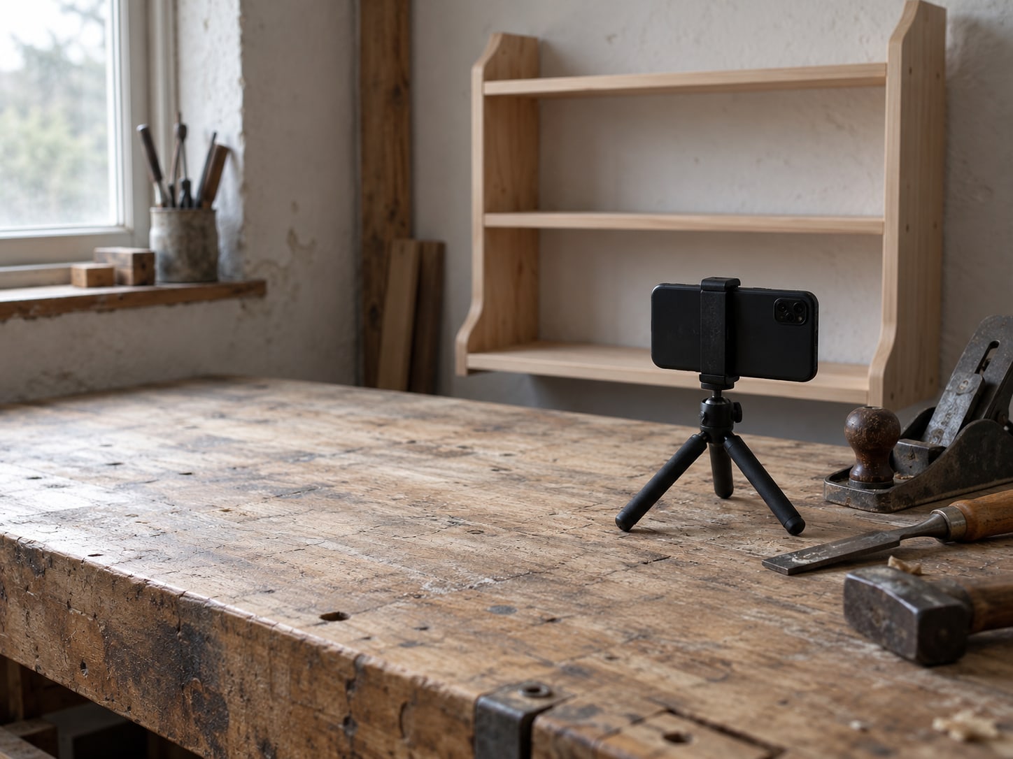 A phone resting on a small tripod beside a few worn hand tools on a workbench, with the lens facing a freshly finished wooden shelf.