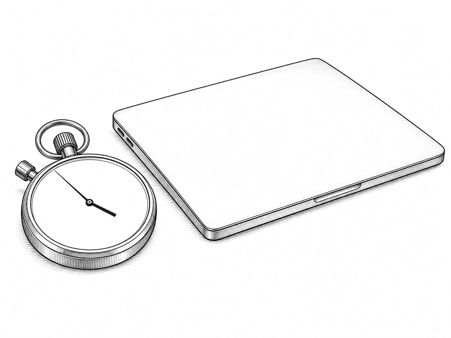 A stopwatch lying beside a closed laptop on a clean white desk.