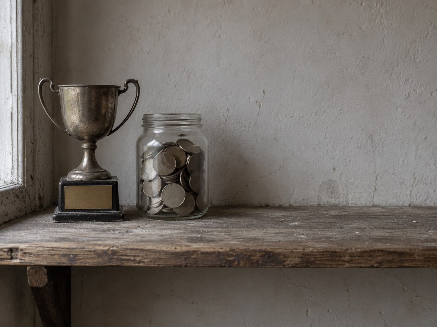A single small trophy with a blank plaque next to a jar of loose coins on a dusty shelf.
