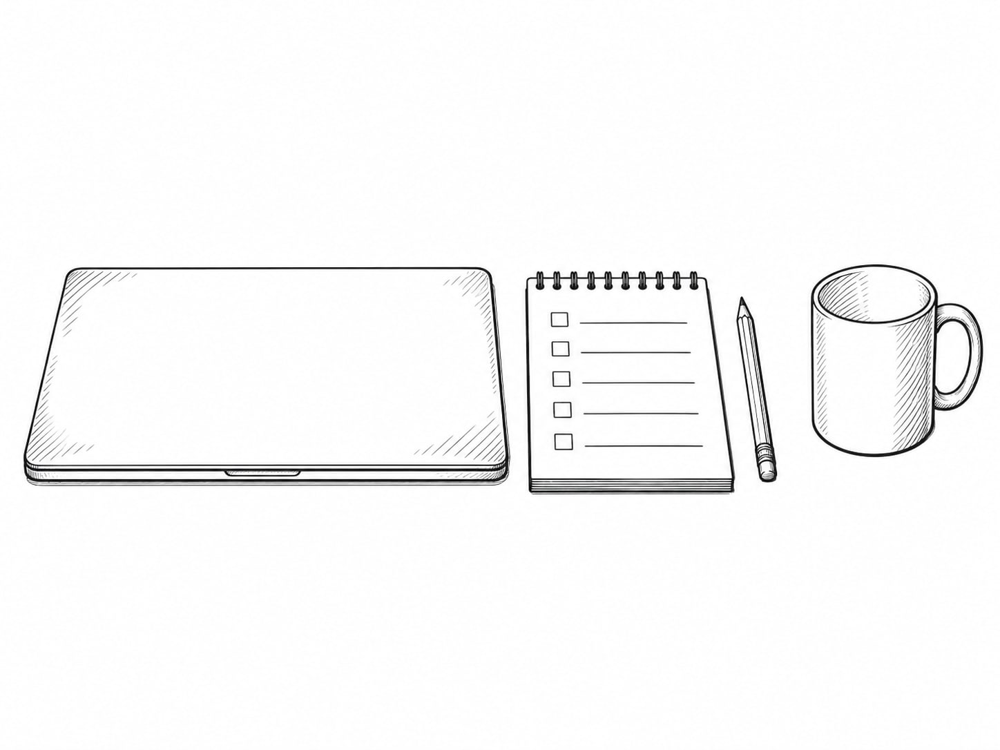 A closed laptop beside a notepad with an unreadable pencil checklist and a mug on a clean white desk.