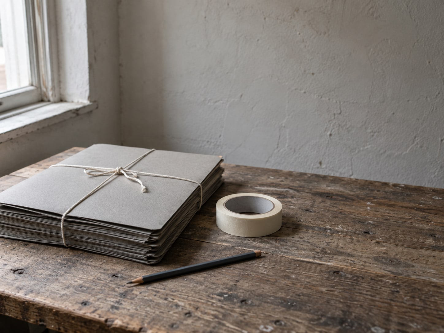 A stack of blank project folders tied with string next to a roll of painter's tape and a pencil.