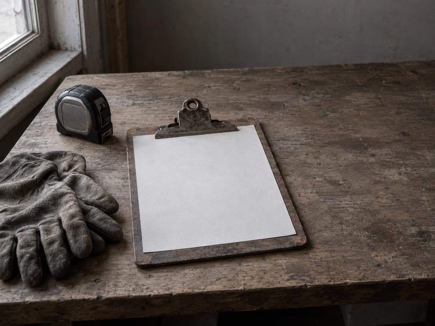 A weathered clipboard, a tape measure and a pair of work gloves resting on a plain workbench.