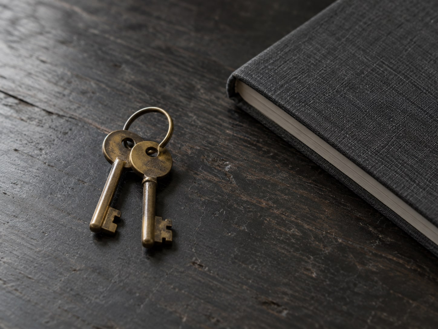 A pair of small brass keys on a ring resting next to a closed notebook on a dark table.