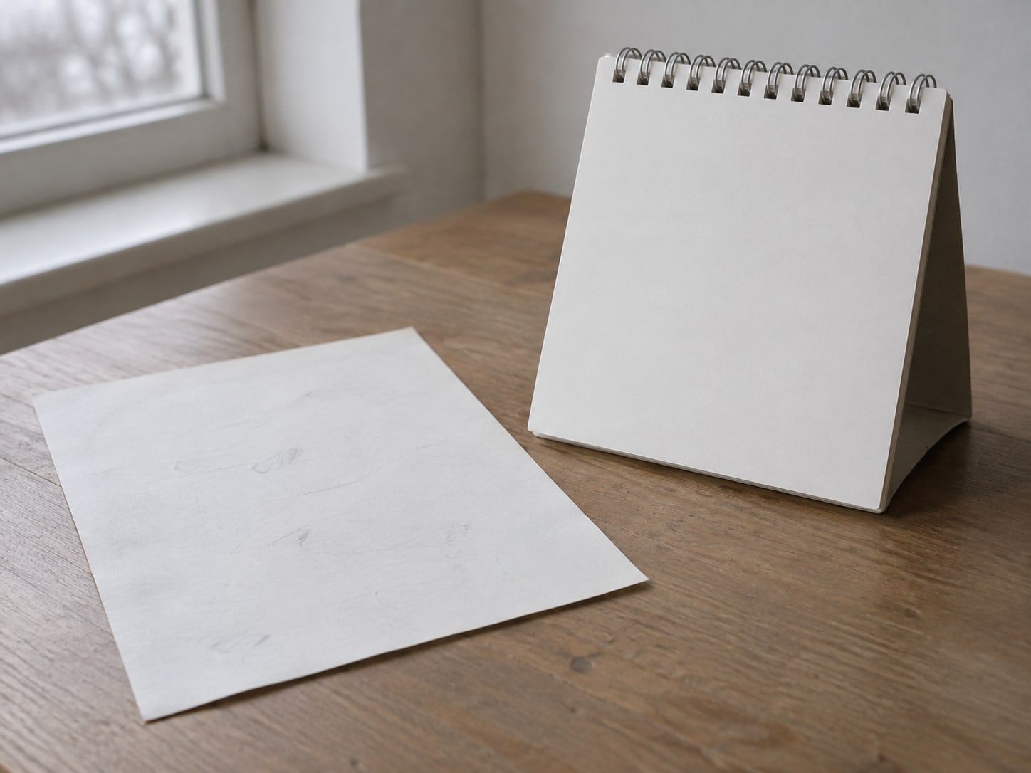 A sheet of plain paper with faint pencil marks next to a single desk calendar page, lit by a window.