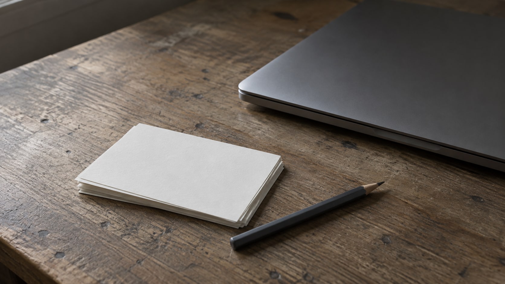A small stack of blank index cards and a pencil on a worn wooden desk beside a closed laptop.